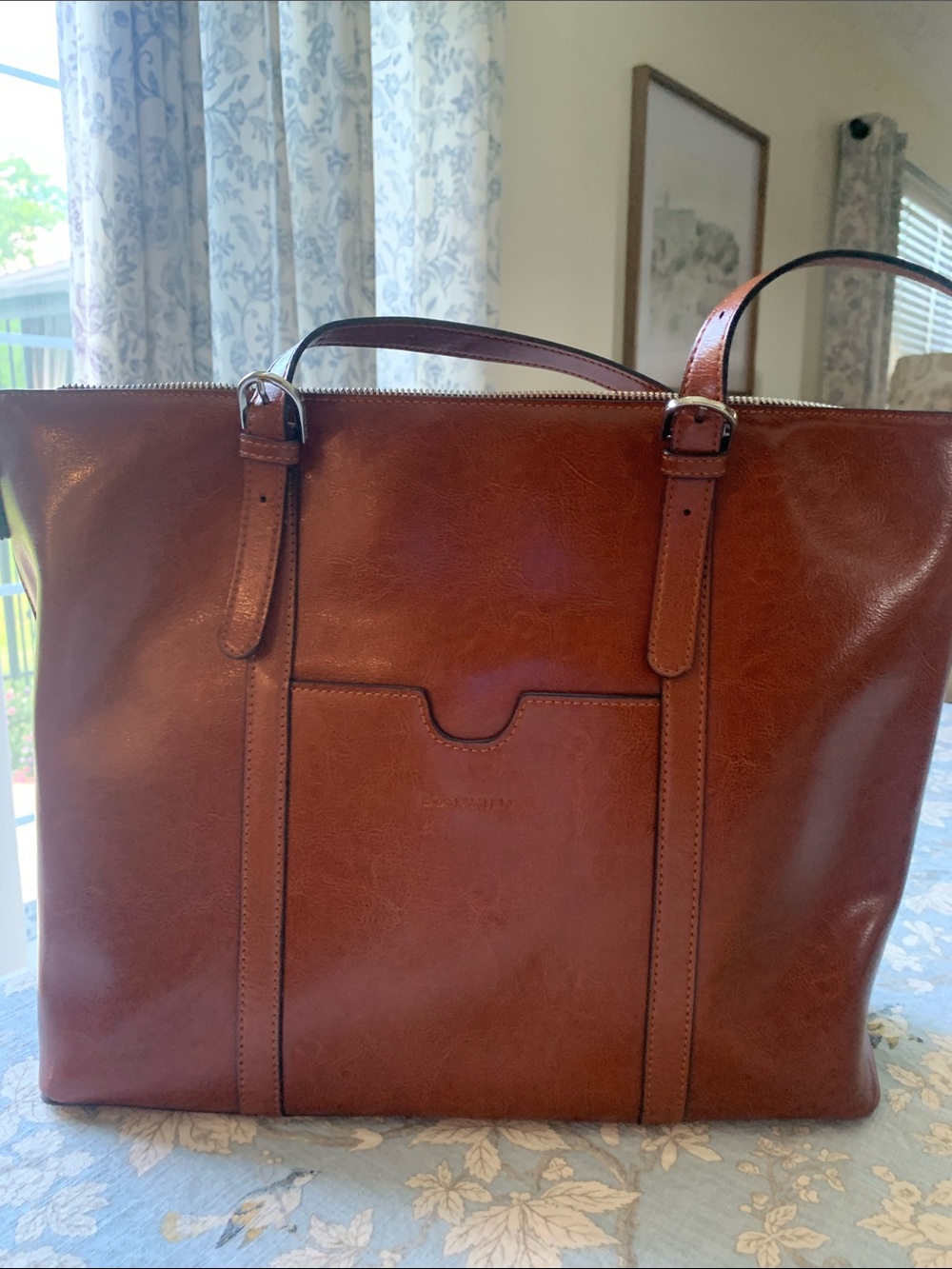 Bostonian Leather Laptop Tote - Cognac Brown.